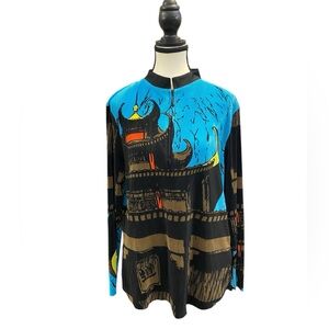 Jamie Sadock Turquoise and Black Graphic Golf shirt long sleeves EUC size XL